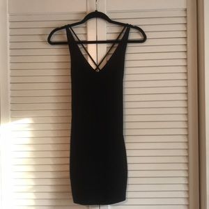 Black mini dress with open strappy back